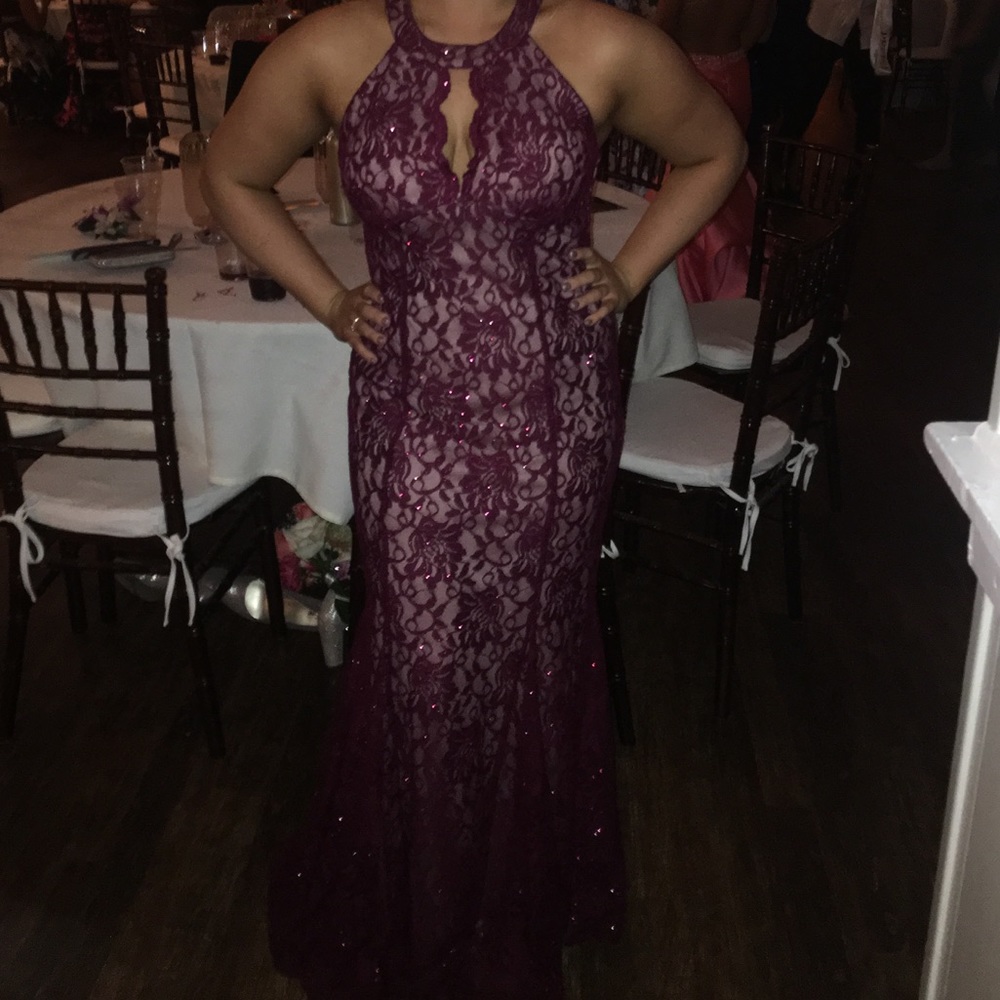 Burgundy and nude lace prom dress size 10